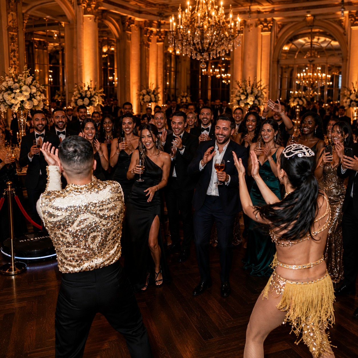 Animateurs en tenue dorée faisant danser les invités dans une salle de bal ornée