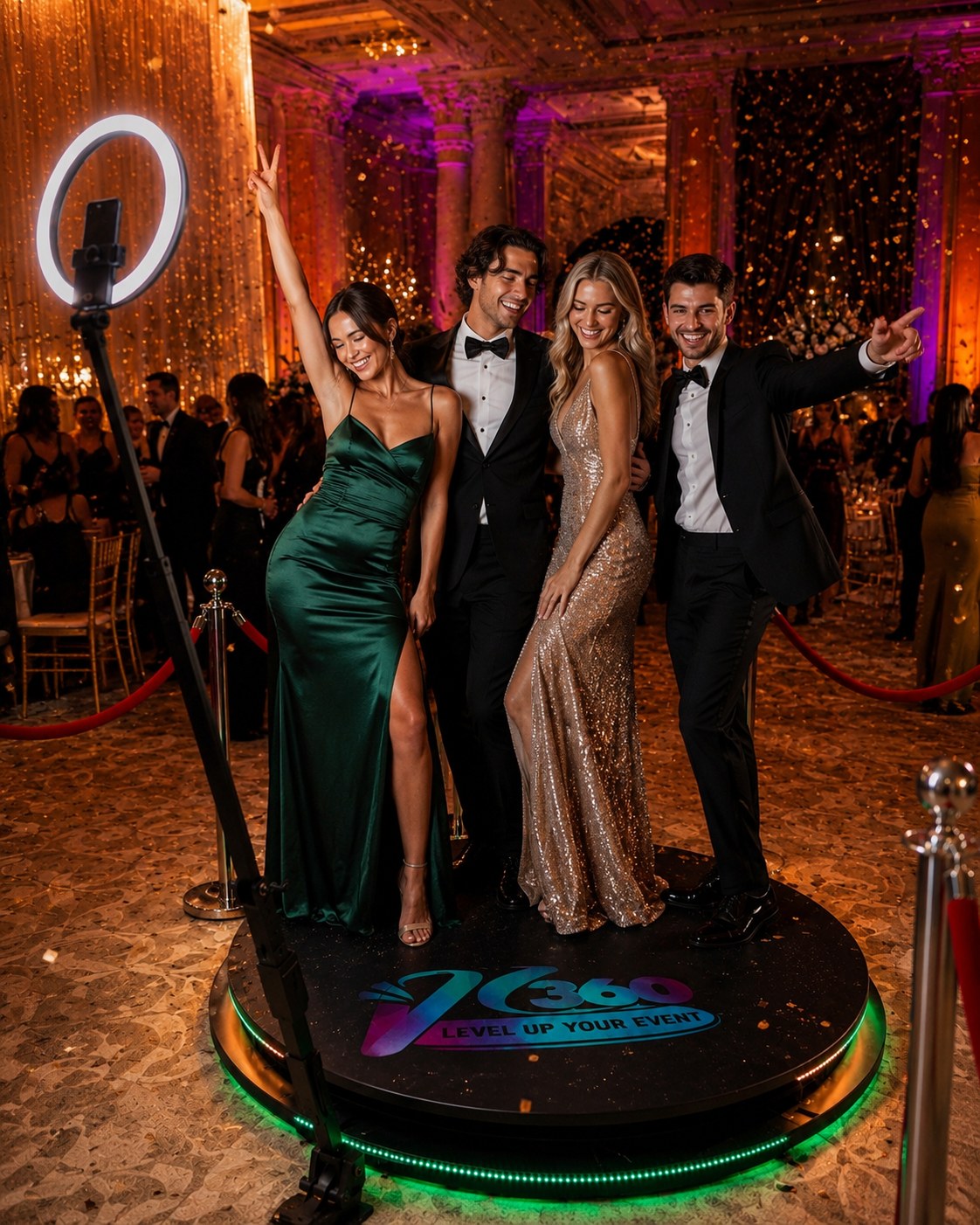 Invités en tenue de soirée posant sur la cabine vidéo 360 lors d'une réception