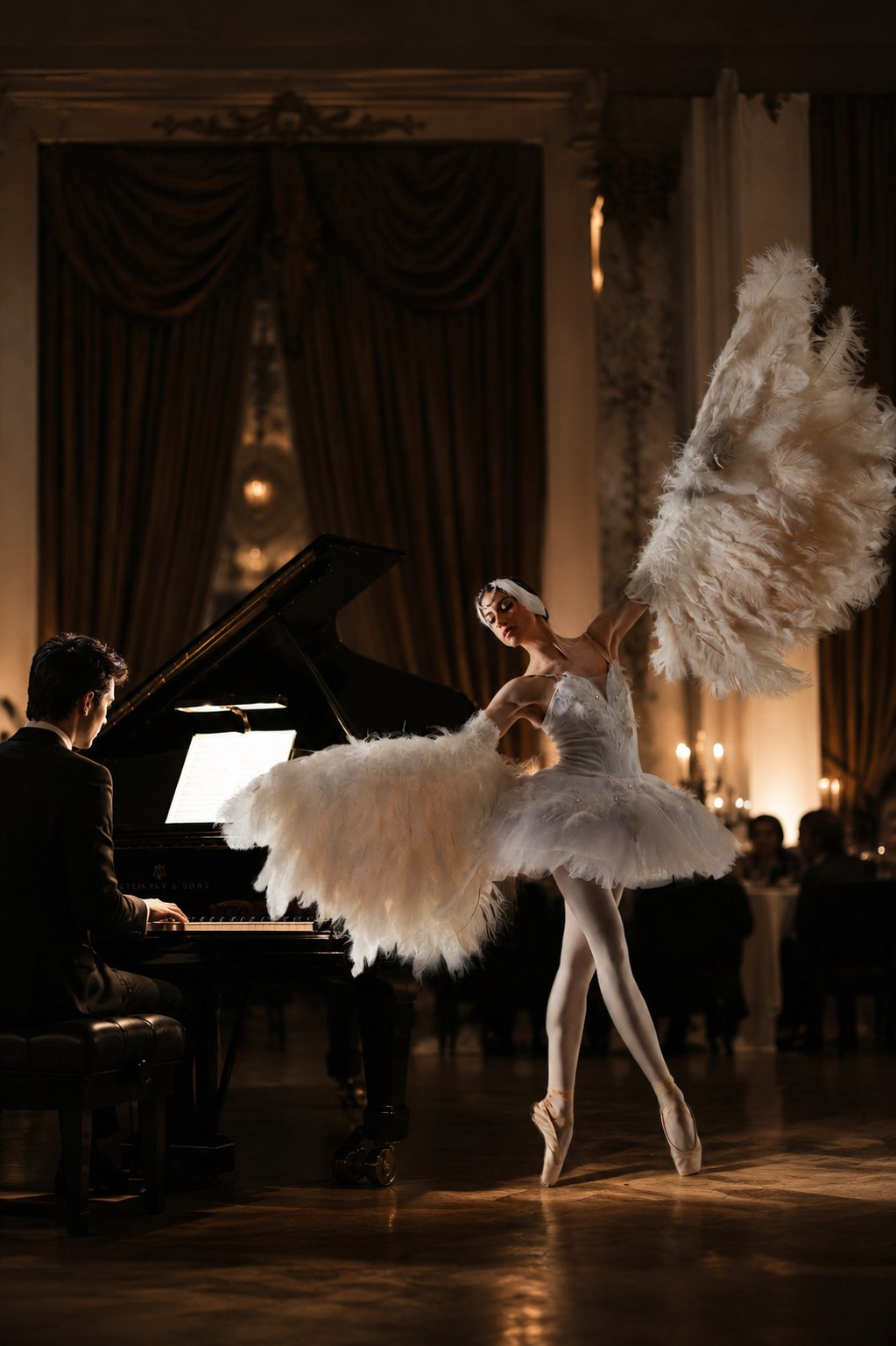 Ballerine en tutu à plumes blanches déployant ses ailes près d'un pianiste